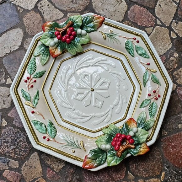 Fitz & Floyd Winter Wonderland Octagonal Holiday Plate, Embossed Festive Design - Picture 1 of 11